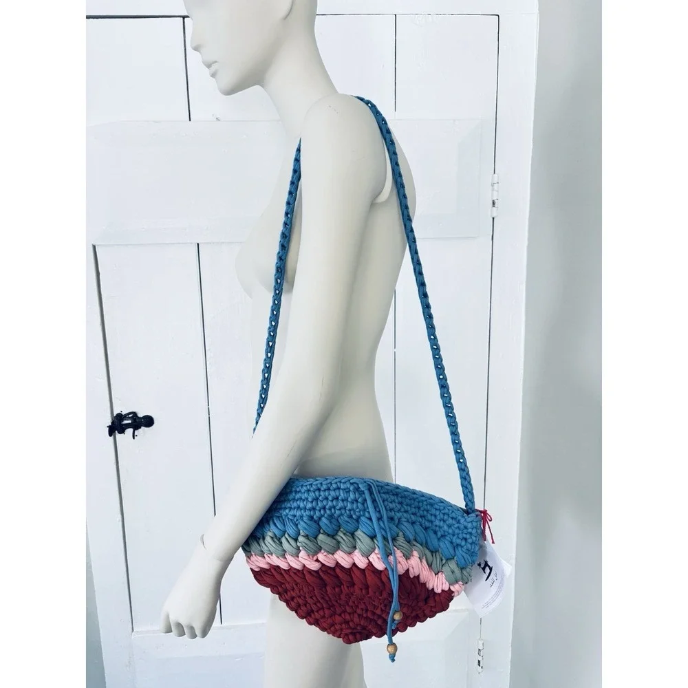 Handmade Crochet Chunky Knit Vibrant Colorful Bag Purse Braided Strap W/Tags
